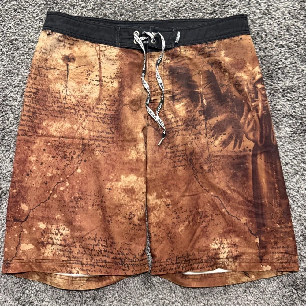 Y2K Affliction Board Shorts Mens Brown Script Graphic Swim Trunks Excellent 34